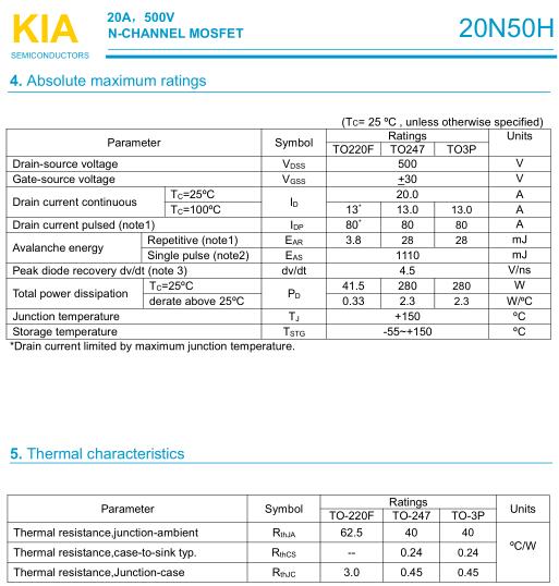 KIA20N50H 500V20A规格书