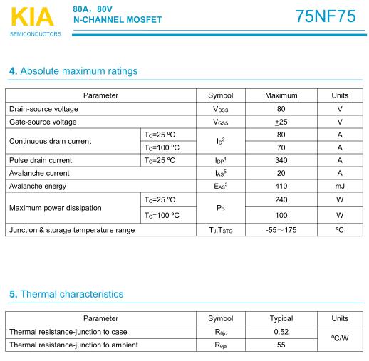 安靖器,MOS管75NF75,80A/80V
