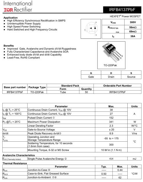 MOS管,KNX9130A替换IRFB4137,40A/300V