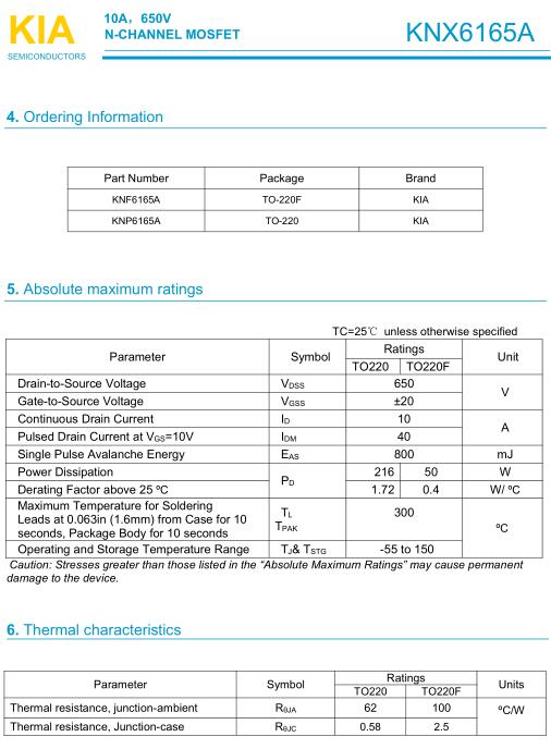 650V10AMOS管 KNX6165A材料