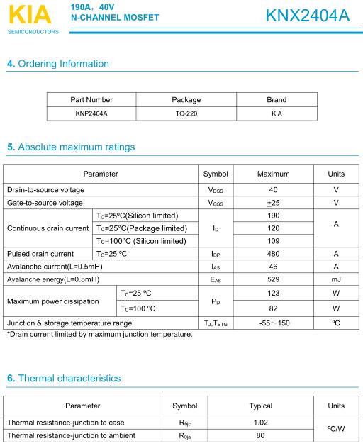 MOS管,KNX2404A替换IRF1404PBF,190A/40V