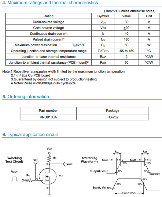 MOS管30V40A KNX9103A参数材料